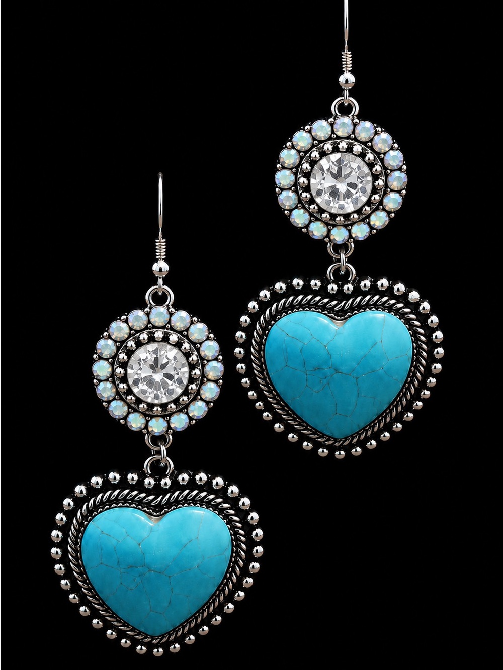 Silver-Tone Turquoise Heart Drop Earrings with Opal Halo - Women Jewelry